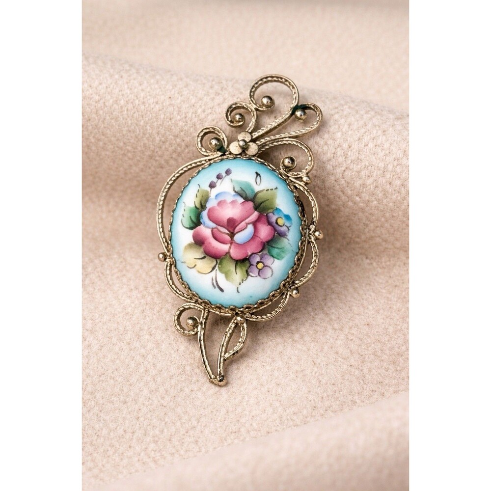 Vintage Hand-Painted Porcelain Floral Brooch Pink Rose Filigree Cottagecore Pin